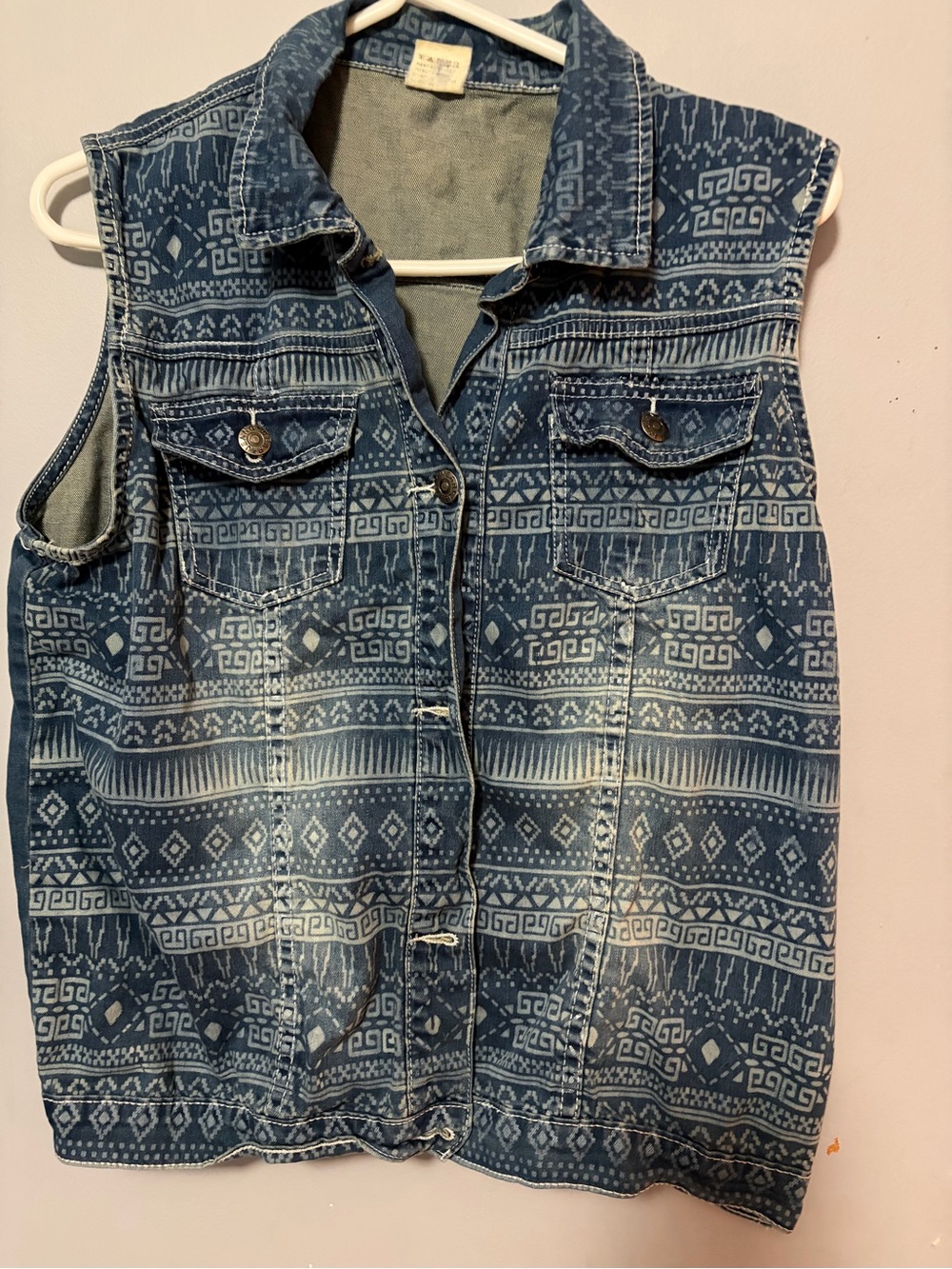 Blue Aztec Denim Sleeveless Vest